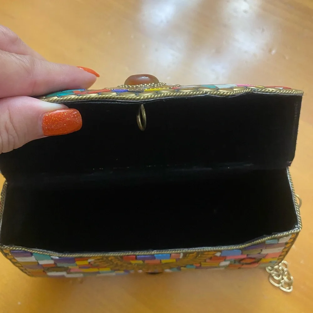 Clutch Crossbody Handcrafted Mosaic Stone Tiles Bag Chain Ornate Metal ANTIQUE - Picture 10 of 15